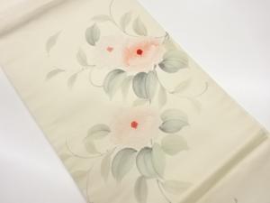 相良刺繍手描き山茶花模様開き名古屋帯（額縁仕立て）